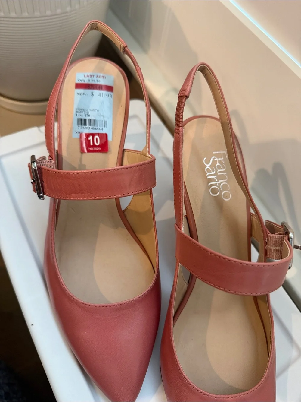 Franco Sarto Pink leather Slingback Pointed-Toe Low Block Heels